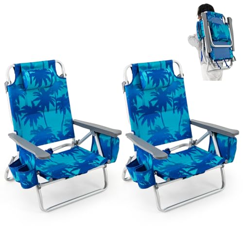 Image of Giantex Folding Beach Chair, Patio Sling Chairs with 5 Adjustable Position, Head Pillow, Storage Bag, Towel Bar, Cup Holders, Backpack Chairs for Sunbathing, Camping Chair