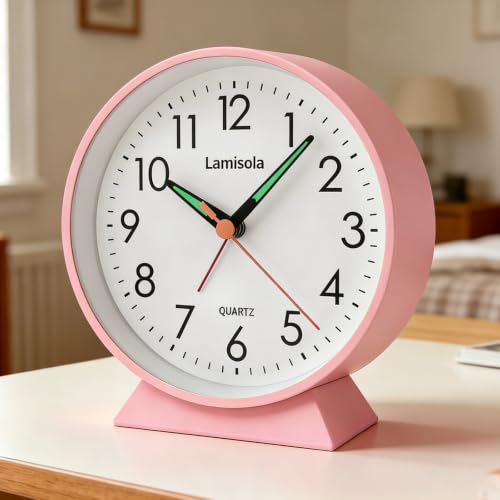 Image of 4.5 Inch Small Pink Analog Alarm Clock, Retro Battery Operated Desk Clock with Night Light Stays On 4 Seconds Vintage Metal Table Clock for Bedside, Nightstand, Bedroom, Office, Bathroom - Pink