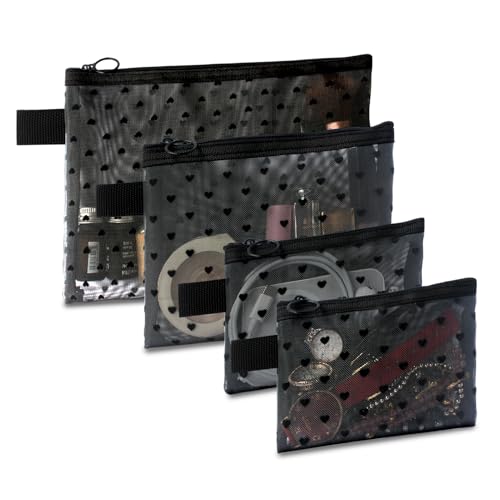 TRAKWAN 4-Piece Heart Printed Mesh Makeup Bag Set, Portable Travel Mesh Cosmetic Bags Toiletry Bags Makeup Purse Bags Mesh Zipper Storage Pouches for Home Offices Travel Accessories (Black)