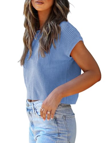 Image of LCXWFE Womens Summer Cropped Sweater Vest Trendy Cap Sleeve Crop Tops Crew Neck Loose Knit Tank Top