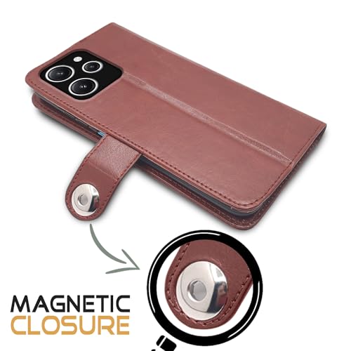 Image of Pikkme Redmi 12 4G Flip Cover Leather Finish | Inside TPU with Card Pockets | Wallet Stand and Shock Proof | Complete Protection Button Flip Case (Brown)