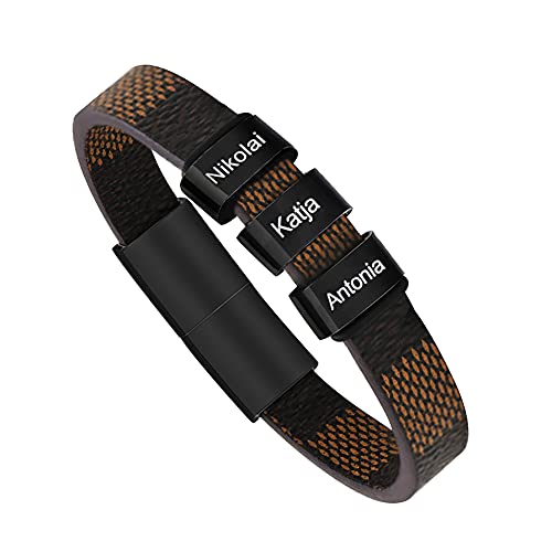 Personalized Mens Leather Bracelet With Custom Beads For Dad,Husband Customized Id Leather Bracelets With 1/2/3/4/5/6 Names Engraved For Grandfather Family Name Beads Cuff Bangle Gift For Fathers Day (01-Black, 3 Beads) #TOP18