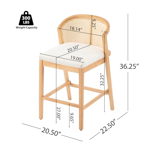 Image of Christopher Knight Home Jane Rattan Counter Stools Set of 4, Counter Height Bar Stools for Bar Table, Rubberwood Frame with Upholstered Barstools, Wood Accent Chair with Footrest, Beige + Natural