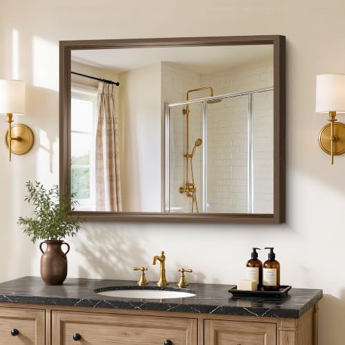 Image of Bathroom Mirror, 30 x 36 inch Walnut Wood Grain Colored Aluminum Metal Frame Bathroom Vanity Mirror, Rectangle Wall Mirror for Bedroom Living Room, Tempered Glass, Horizontal or Vertical