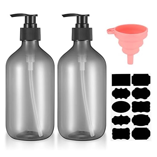 2 Stück 500 ml Shampoo Flaschen zum Befüllen, Duschgel Flasche, Leere nachfüllbare Pumpflaschen, Seifenspender Kunststoff für Lotionen Shampoos, mit Trichter, Etiketten (Grau)
