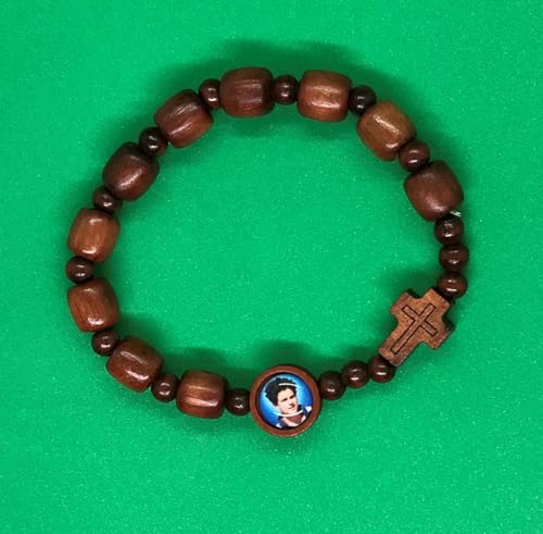 Carlo Acutis Stretch Rosary Bracelet, 9mm Brown Wood Beads, Photo Bead & Cross2