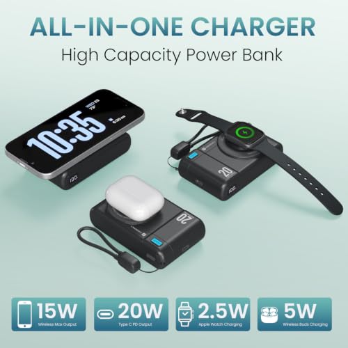 Image of Portronics Power Shutter Air 20K 20000mAh 15W Magnetic Wireless Fast Charging Powerbank with in-Built Type C Lanyard Cable, qi2 Certified, 22.5W Type C PD Output, Type C Bidirectional Port (Black)