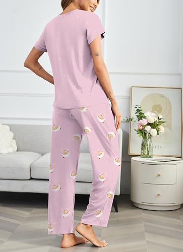 Image of Ekouaer Pajama Sets for Women Round Neck Pjs Short Sleeve Sleepwear with Long Pants Loose Lounge Sets Pink Teddy Bear XX-Large