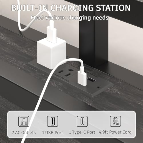 Image of E-Motie King Size Bed Frame with LED Lights, Industrial Platform Bed with Storage Headboard and Charging Station, Heavy Duty Metal Slats, No Box Spring Need, Noise Free, Easy Assembly, Black