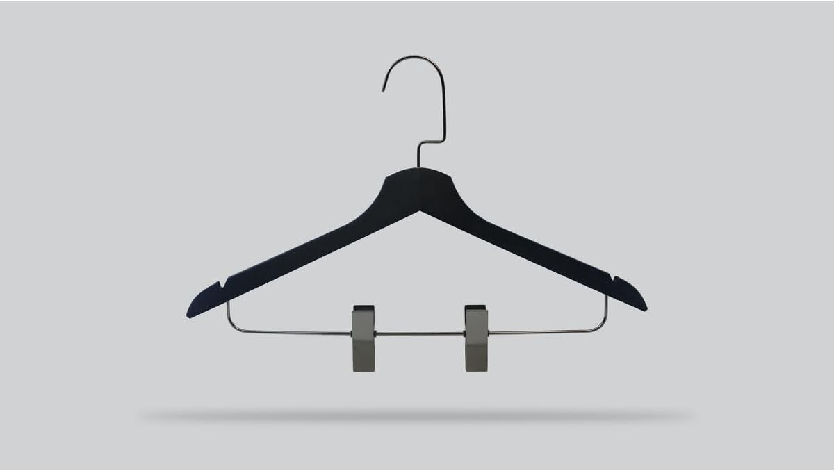 Skirt and Pant Hangers 8-Pack with Wooden Clips and Black Nickel Hooks, Non-Slip Grip, Space Saving Closet Organizers - Black
