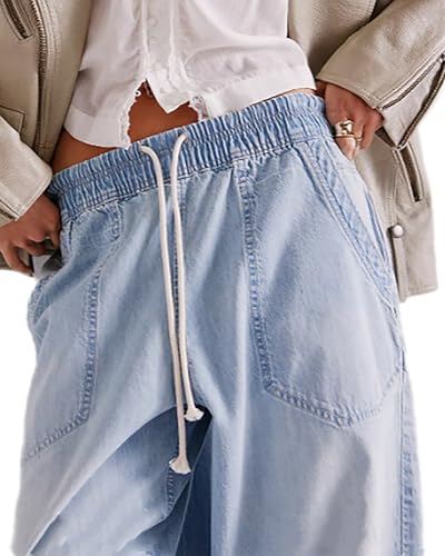 Women's Drawstring Baggy Jeans Trendy Elastic Waisted Boyfriend Wide Leg Denim Pants4