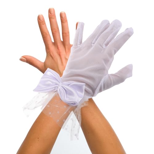 PRETYZOOM 1 Pair White Satin Gloves: Women Lace Gloves Tea Party - Wrist Length Floral Mesh - For Wedding Banquet And Evening Events Dinner Party White4