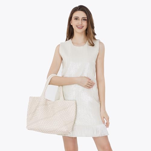 Image of Woven Tote Bag Womens Purse Vegan Leather Shoulder Handbags Fashion Summer Beach Tote Bags Large Travel Totes
