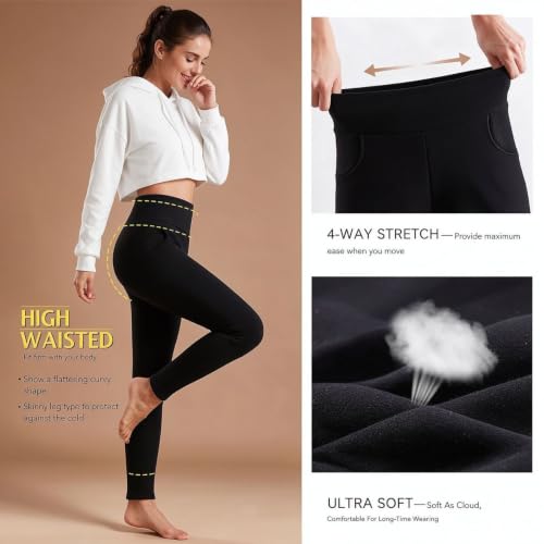 Fleece Lined Leggings Women Tummy Control Thermal Warm Tights with Pockets - image 4