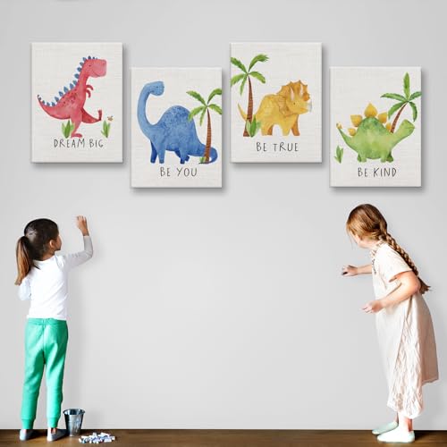 Image of Cute Watercolor Dinosaur Prints Inspirational Motivational Quotes Canvas Wall Art Nursery Decor Wall Decor Funny Poster Artwork for Kids Room Classroom Bedroom Decorations,4PCS,Framed,8x10IN