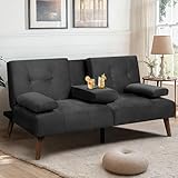 Meilocar Futon Sofa Bed Velvet, 60' Loveseat Sofa Bed with Removable Armrests, Adjustable Recliner Guest Bed Sofa for Small Space with Cup Holders, 3 Angles, Black