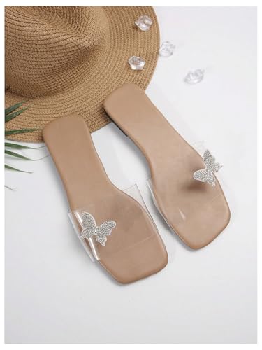 GORGLITTER Women's Clear Strap Flat Sandals Rhinestone Butterfly Slip On Slide Sandal2