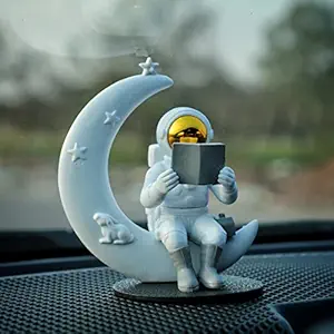 Street27 Astronaut Figurine Showpiece for Home D?cor Idols for Office Desk Table Astronaut Toy for Car Dashboard, Statue for Gift Gifting Items Birthday Decoration (Reading on Moon - Golden)