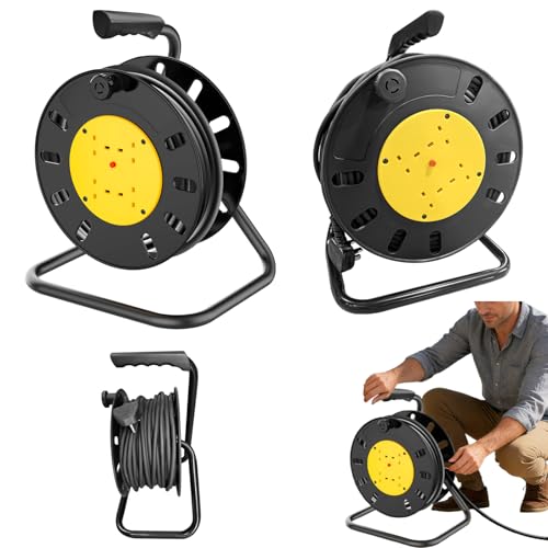50M Extra Long Outdoor Extension Lead Reel 4 Socket Garden Extension Cable with Winding Handle Wind-Up Retractable Power Cord Reel Thermal Cut Out Heavy Duty Outside Plug Socket for Workshop DIY