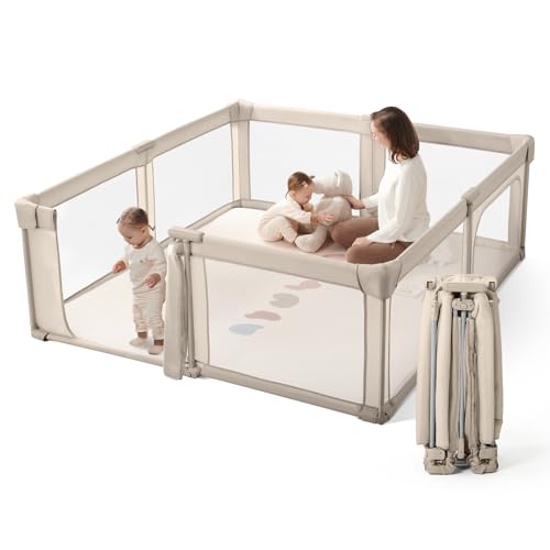 Baby Playpen Portable, Pre-Assembled Play Pen 71x79 Large Foldable Playpen for Babies and Toddlers, Sturdy and Safe Toddler Play Yard Indoor Outdoor with Carry Bag, Light Khaki