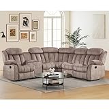 EBELLO Manual Reclining L-Shaped Sectional Sofa Set, Soft Fabric Corner Couch with Center Console, Cup Holders and Storage – Perfect Living Room Home Set Furniture, Light Brown