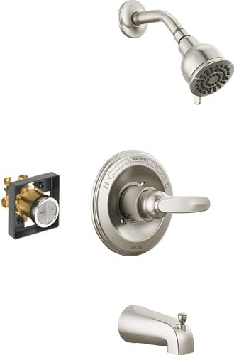Delta Faucet Foundations Brushed Nickel Shower Faucet Set with 2-Spray Brushed Nickel Shower Head, Tub and Shower Trim Kit, Shower Faucet Sets Complete, Stainless BT13410-SS (Valve Included)