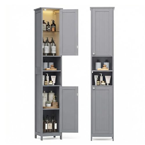 VASAGLE Tall Storage Cabinet with Lights, Slim Freestanding Cabinet with Adjustable Shelves, for Small Spaces, Bathroom, Living Room, Modern, 11.8 Inches Wide, Dove Gray UBBC566G02