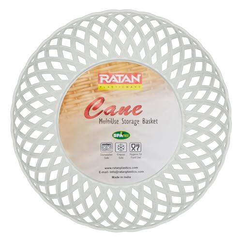Image of RATAN PLASTICWARE Cane Large Plastic Storage Basket for Fruits, Vegetables & Snacks - Decorative Woven Design for Kitchen, Dining Table & Home Use I Pack of 6 - BEIGE /Dark Brown /OFF WHITE