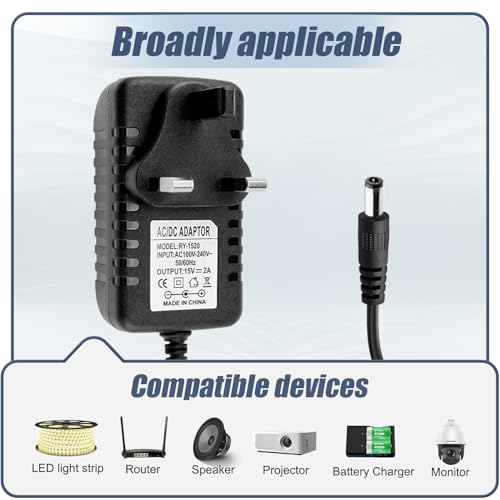 15V 2A Power Supply Adapter, 100-240V 50/60hz AC to DC Transformer Charger for Litter-Robot LED Strip Light CCTV Camera Speaker Wireless Router Label Makers Video Beamer (DC Jack 5.5 * 2.1mm, 1m) - Image 2
