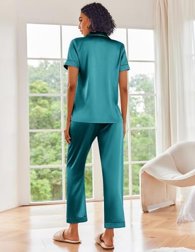 Image of Ekouaer 2 Piece Satin Short Sleeve Pajamas Set Button Down Sleepwear | Soft Pjs Set Classic Loungewear for Wedding, Party, Home, Daily Wear, Date Nights