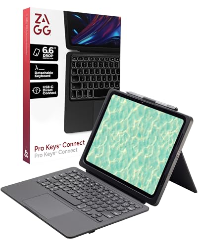 ZAGG Capa com teclado Pro Keys Connect iPad Pro de 11 polegadas (M4) – Teclado USB‑C de conexão direta com trackpad, teclas retroiluminadas destacáveis, proteção contra quedas de 2 metros, suporte e