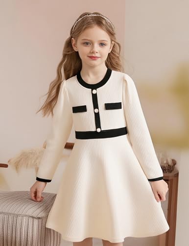 Girls Dress Fall Dress Long Sleeve Button Color Block Winter Casual Party Dresses 5-14Y2