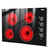 Karinear 30 Inch Electric Cooktop, 4 Burner Ceramic Cooktop with Knob Control and Glass Protection Metal Frame - 6700W Built-in Radiant Stove Top, Dual-Ring Expandable Burner, 240V Hardwired