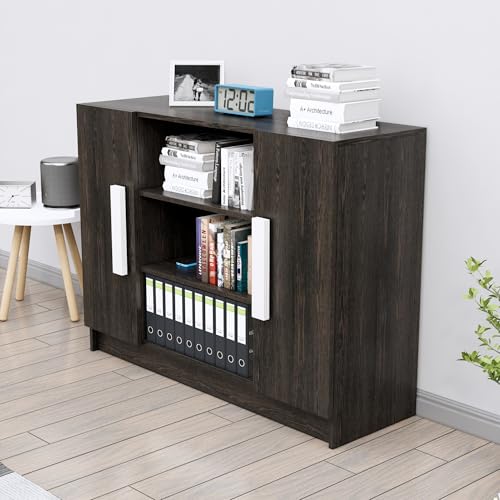 Image of Bniture Storage Cabinet Wooden Sideboard for Living Room with 3 Shelf and 2 Door | Multipurpose Book Shelf Storage Organizer Cabinet for Office Home Hallway Drawing Room Bedroom | Flower Wenge