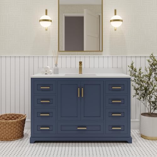 Maya-48-in-Navy-Blue-Bathroom-Vanity-Set-with-White-Quartz-Countertop-Ceramic-Sink-2-Soft-Closing-Doors-7-Full-Extention-Soft-Close-Drawers-Gold-Hardware Maya 48 in Navy Blue Bathroom Vanity Set with White Quartz Countertop Ceramic Sink 2 Soft Closing Doors 7 Full Extention Soft Close Drawers Gold Hardware
