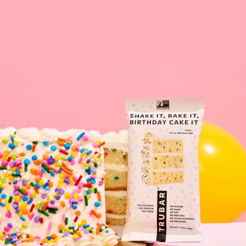 Image of TRUBAR Vegan Protein Bar, Shake it Bake it Birthday Cake it, Gluten Free, Plant Based Protein, Dairy Free, Non GMO, Soy Free, No Sugar Alcohols, 12G Protein, 12G Fiber, 23G Carb, Snack Bars, 12ct