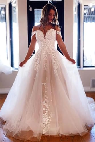 A-line Off Shoulder V Neck Wedding Dresses for Bride Plus Size Lace Appliques Tulle Bridal Gowns2