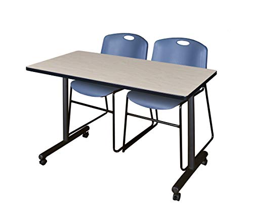 Image of Regency Kobe 48 x 24 in. Mobile T-Base Training Table- Maple, 2 Zeng Stack Chairs- Blue