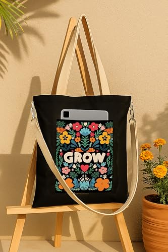 Image of ZORI Black Sling Tote Bag With Pocket and with Beige Straps, Tote Bags For Women large capacity,Tote bag For Shopping, College, Travel, More Canvas Handbag For Unisex