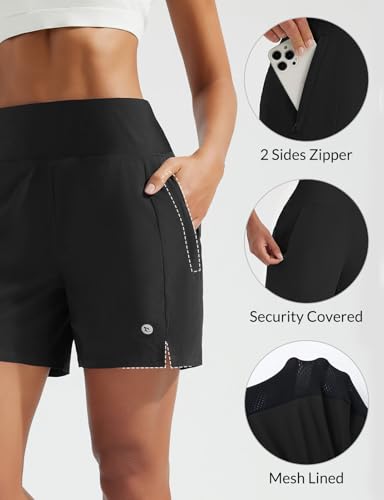 baleaf Women's 5" Swim Shorts High Waisted Quick Dry Swimming Bottom Boxer Liner Board Beach Shorts with Zipper Pockets2