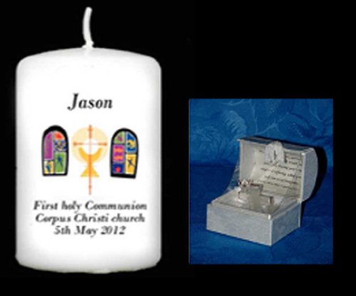 Personalised Gift First Holy Communion Votive Candle & Footprints poem Box