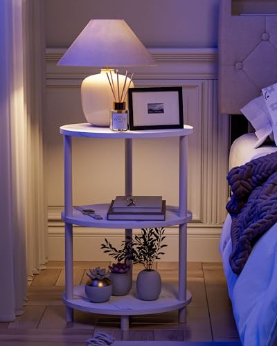 Image of Small Round Side Table - 3-Tier Oval Accent Table for Small Spaces, Rustic Wood and Metal Couch End Table, Nightstand for Bedroom or End Table Living Room, Easy to Assemble, Marble White