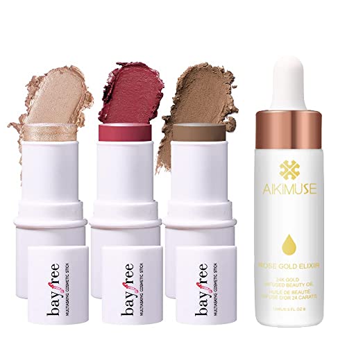 KIMUSE Multi Stick Trio Blush Contour Highlighter Stick & 24k Rose Gold Elixir Face Oil Primer