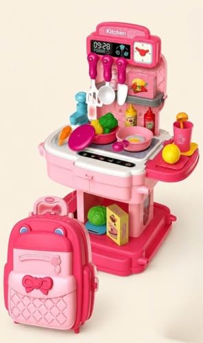 Image of 34 Piece School Bag Packing Pretend Play Cooking Game Kitchen Set Toy for Kids Girls | Modern Chef Kitchen Playset with Accessories | Portable Kitchen Role Play Toy (Chef Kitchen Pink)