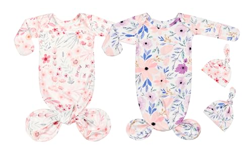 Newborn Baby Cotton Knotted Gown with Mittens Long Sleeve Sleeper Gown Nightgown Coming Home Outfit with Hat 2 Pieces