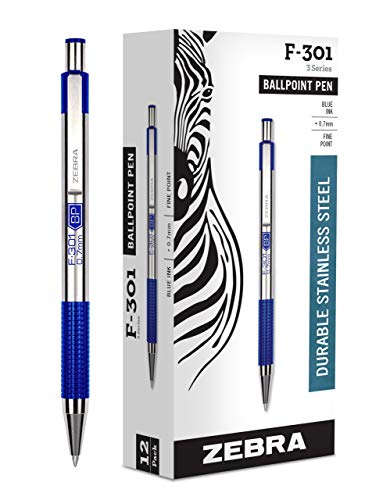 Zebra F-301 Ballpoint Stainless Steel Retractable Pen, Fine Point, 0.7mm, Blue Ink, 12-Count [New Improved Version]