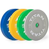 Titan Fitness 230 LB Set Economy Olympic Bumper Plates, Color-Coded by IWF Standards, Low Bounce Rubber with Steel Insert, Weightlifting and Strength Training, Barbell Weight Set
