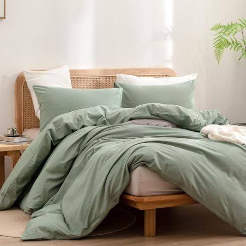 Image of BESTOUCH Cotton Solid Duvet Cover Set Linen Feel Green Super King Plus | 100% Washed Cotton, Soft Wrinkle Texture, Hidden Zipper, 8 Ties, Breathable Lightweight Durable Comfy, 3 Pcs No Insert