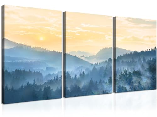 Canvaszon Canvas Wall Art For Bedroom Office Farmhouse Wall Decor Foggy Forest Trees Landscape Painting Modern Nature Canvas Artwork Stretched And Framed Ready To Hang Home Decor 12"X16"X3 Panels cover