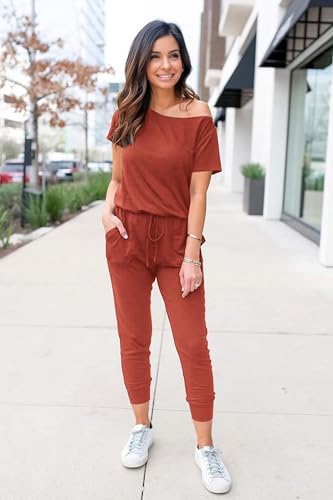Image of PRETTYGARDEN Jumpsuits for Women Summer Off Shoulder Romper | Short Sleeve Drawstring Waist, Jogger Jumpers with Pockets, One Piece Spring Break Outfits, Vacation Travel Lounge Clothes